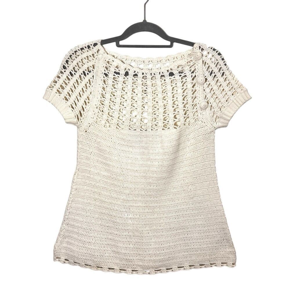 Lela Rose Sweater Women’s M White Crochet Knit Short Sleeve Baby Doll Prairie